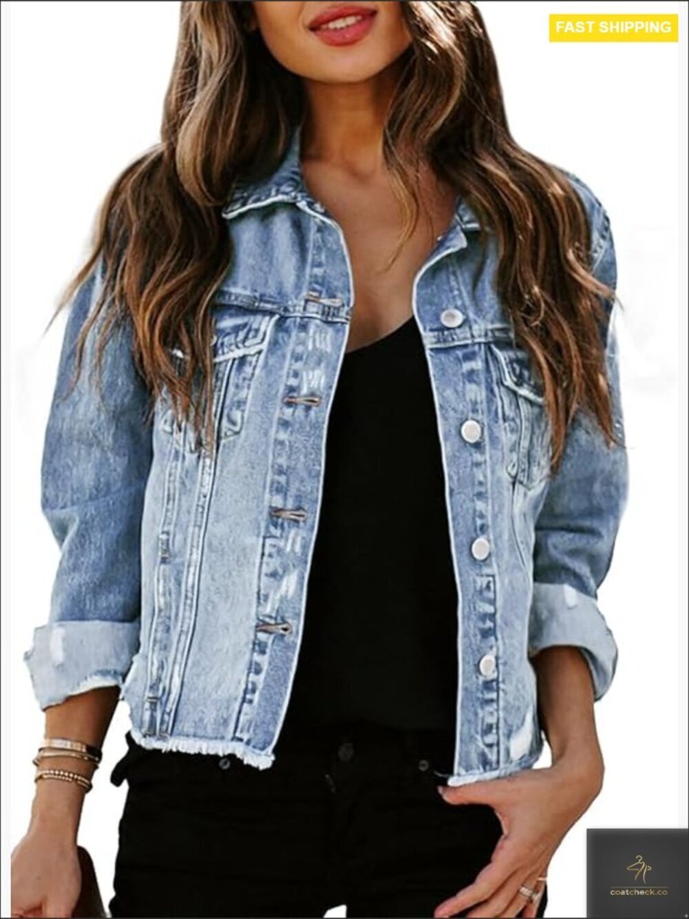 Distressed Denim Jacket Retro Aviator Style Button Closure Long Sleeve